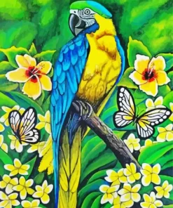 Gold And Yellow Macaw And Butterflies Diamond Painting