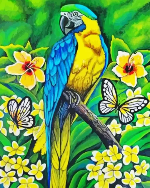 Gold And Yellow Macaw And Butterflies Diamond Painting