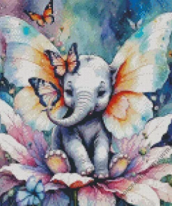 Grey Elephant With Butterflies Diamond Painting