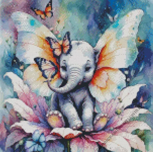 Grey Elephant With Butterflies Diamond Painting