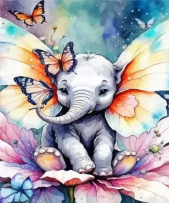 Grey Elephant With Butterflies Diamond Painting