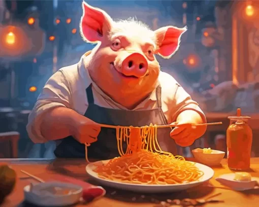 Pig Eating Spaghetti Diamond Painting