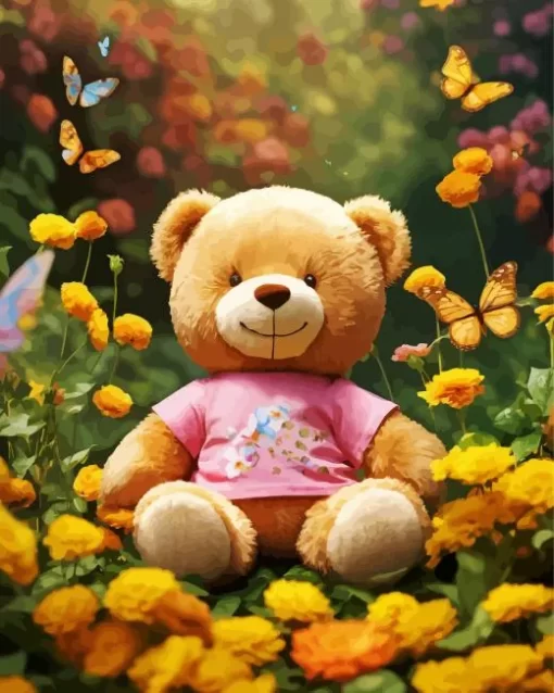 Yellow Flowers And Teddy Bear Diamond Painting