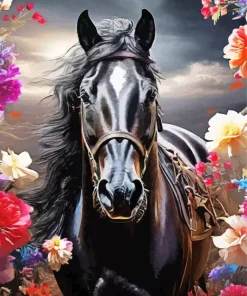 Black Horse With Roses Diamond Painting