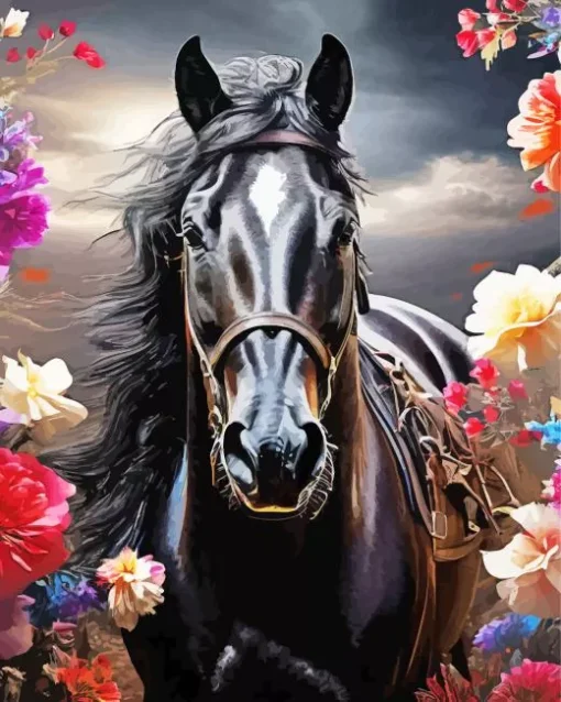 Black Horse With Roses Diamond Painting