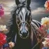 Black Horse With Roses Diamond Painting