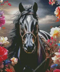 Black Horse With Roses Diamond Painting