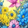 Blue Pink And Yellow Flowers Diamond Painting