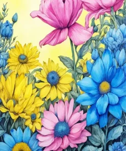 Blue Pink And Yellow Flowers Diamond Painting