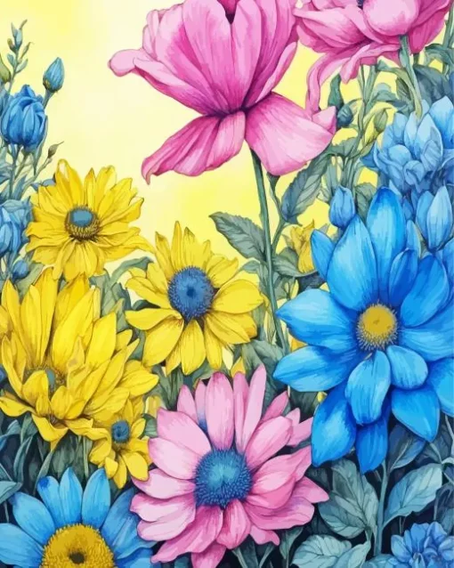 Blue Pink And Yellow Flowers Diamond Painting