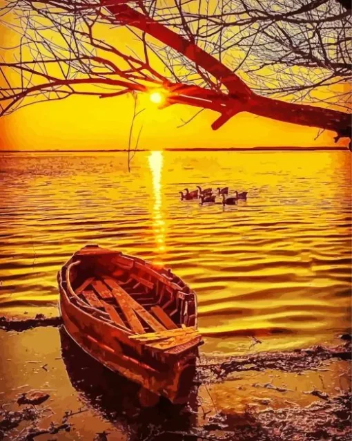 Boat At Sunset Diamond Painting