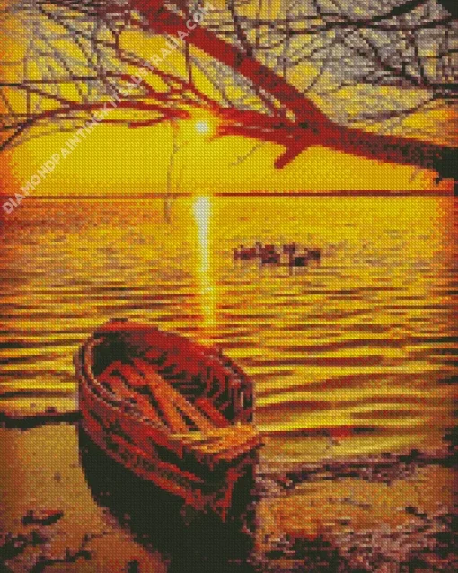 Boat At Sunset Diamond Painting