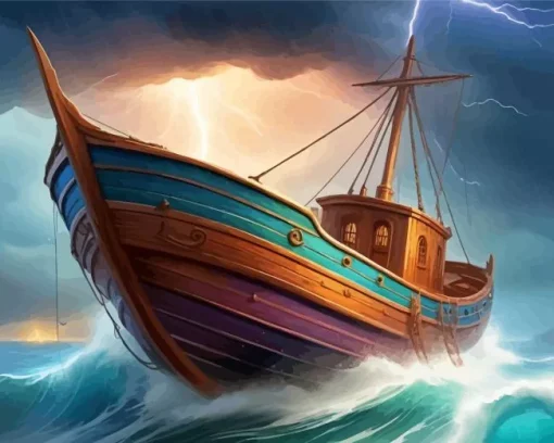 Boat In Storm Diamond Painting