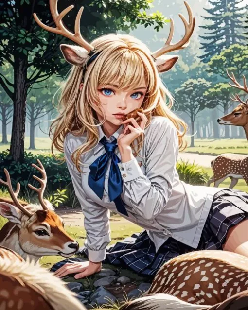 Deer And Girl Diamond Painting