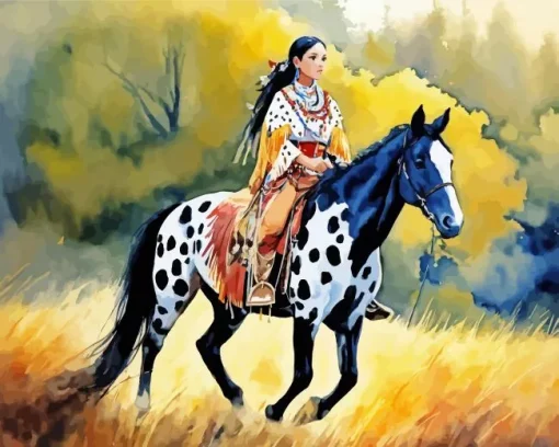 Girl Riding Black Appaloosa Diamond Painting