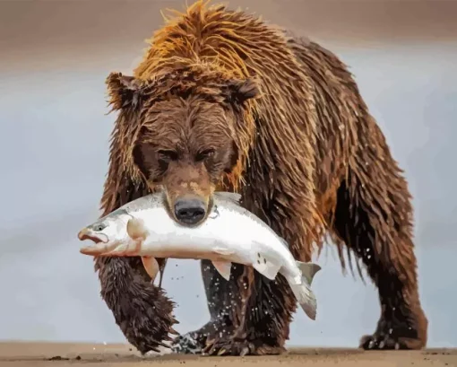 Bear Eating A Fish Diamond Painting