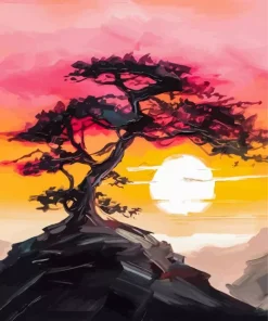 Bonsai Tree At Sunset Diamond Painting