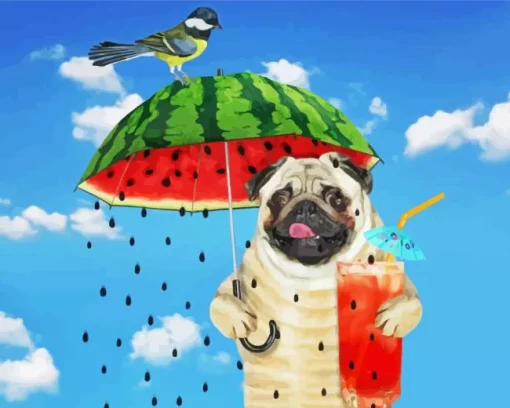 Dog Holding Watermelon Umbrella Diamond Painting