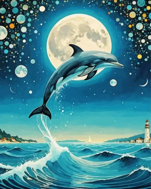 Dolphin And Moon Art Diamond Painting