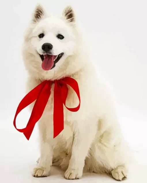 White Dog With Red Bow Diamond Painting