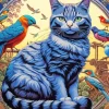 Blue Cat And Birds Diamond Painting