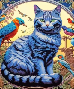 Blue Cat And Birds Diamond Painting