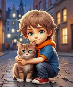 Cute Boy Hugging Cat Diamond Painting