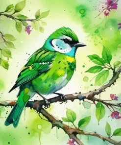 Green Bird On Branch Diamond Painting