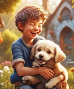 Happy Boy Hugging Dog Diamond Painting