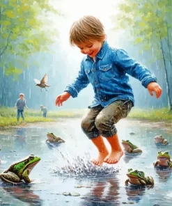 Boy Jumping In Puddle Diamond Painting