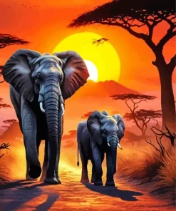 Elephants And Sunset Diamond Painting