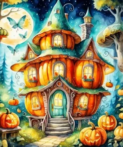 Enchanted Pumpkin Forest House Diamond Painting