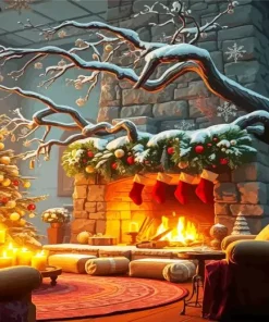 Fireplace And Christmas Tree Diamond Painting