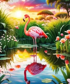 Flamingo Drawing With Flowers Diamond Painting