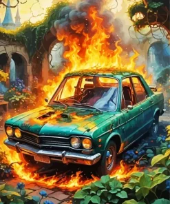 Green Fire Car Diamond Painting