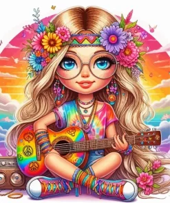 Hippie Girl Playing Guitar Diamond Painting