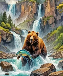 Bronw Bear And Fish Diamond Painting