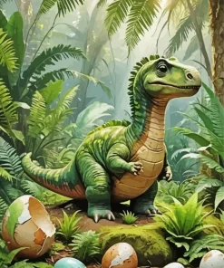 Green Brontosaurus In Forest Diamond Painting