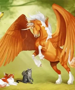 Brown Pegasus With Birds And Cats Diamond Painting