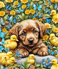 Brown Puppy And Ducklings Diamond Painting