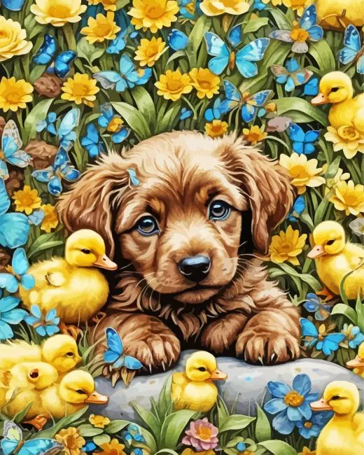 brown puppy and ducklings Diamond With Numbers Brown Puppy And Ducklings Diamond Painting