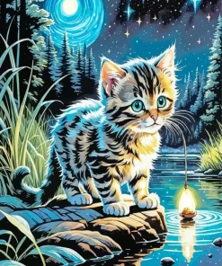 Fluffy Tabby Kitten At Night Diamond Painting