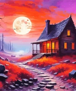 Forest Cabin Red Diamond Painting