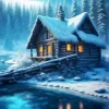 Forest Log Cabin At Night Diamond Painting