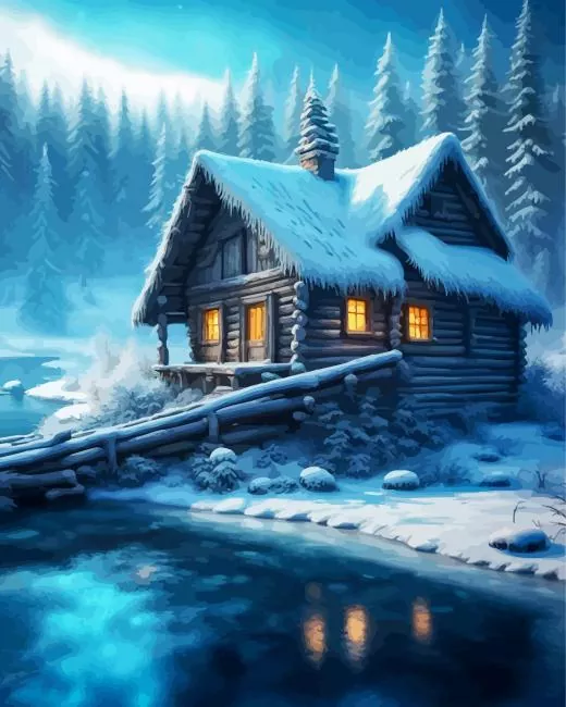 forest log cabin Diamond By Numbers Forest Log Cabin At Night Diamond Painting