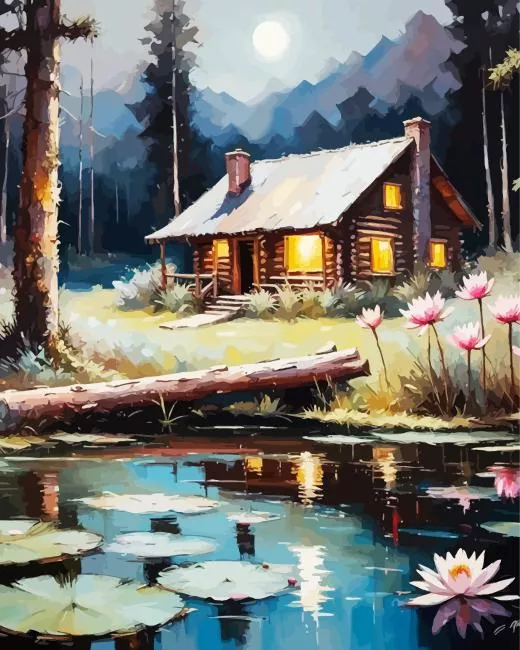 forest log cabin Diamond By Numbers Forest Log Cabin Diamond Painting
