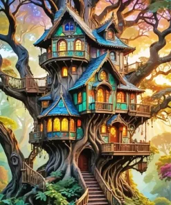 Forest Mystical Tree House Diamond Painting