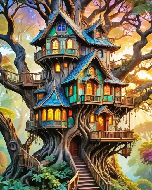 forest mystical tree house Diamond With Numbers Forest Mystical Tree House Diamond Painting