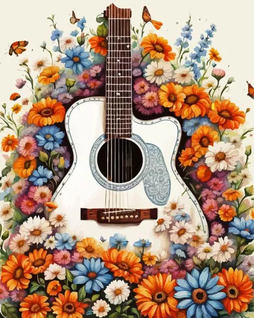 white floral guitar art Diamond Paintings White Floral Guitar Art Diamond Painting