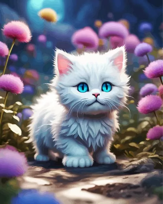 white fluffy baby cat art Diamond By Numbers White Fluffy Baby Cat Art Diamond Painting